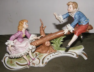 Vintage Dresden Porcelain Boy & Girl On A Log Seesaw Teeter Totter Figurine - Picture 1 of 12