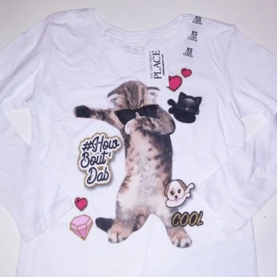 Childrens Place Girls T Shirt  # How Bout Dab Cat White Long Sleeve - Image 1 of 4