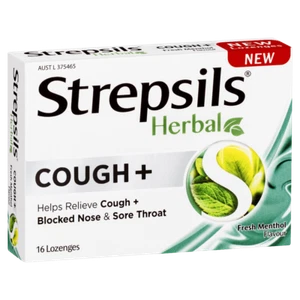 Strepsils Herbal Cough+ 16 Lozenges - Fresh Menthol Flavour Sore Throat - Picture 1 of 2