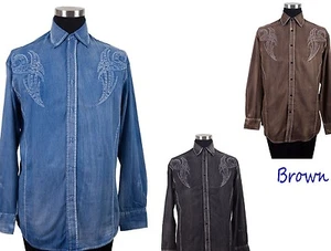 Herren Hemd Tribal Border bestickt Design Western Cowboy Style Stonewashed 43 - Bild 1 von 12