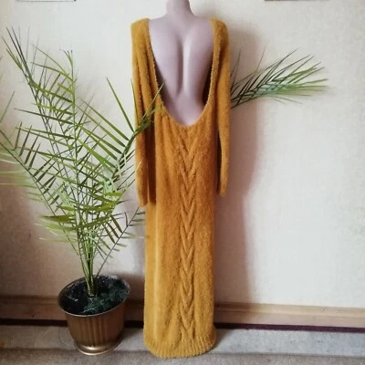 Женское ярко-желтое вязаное платье до пола ручной работы длинная туника с открытой спиной - Изображение 1 из 4