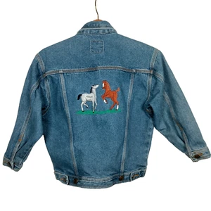Vintage Jean Jacket Youth Medium Horses Embroidered Blue Denim Equestrian Horse - Picture 1 of 24