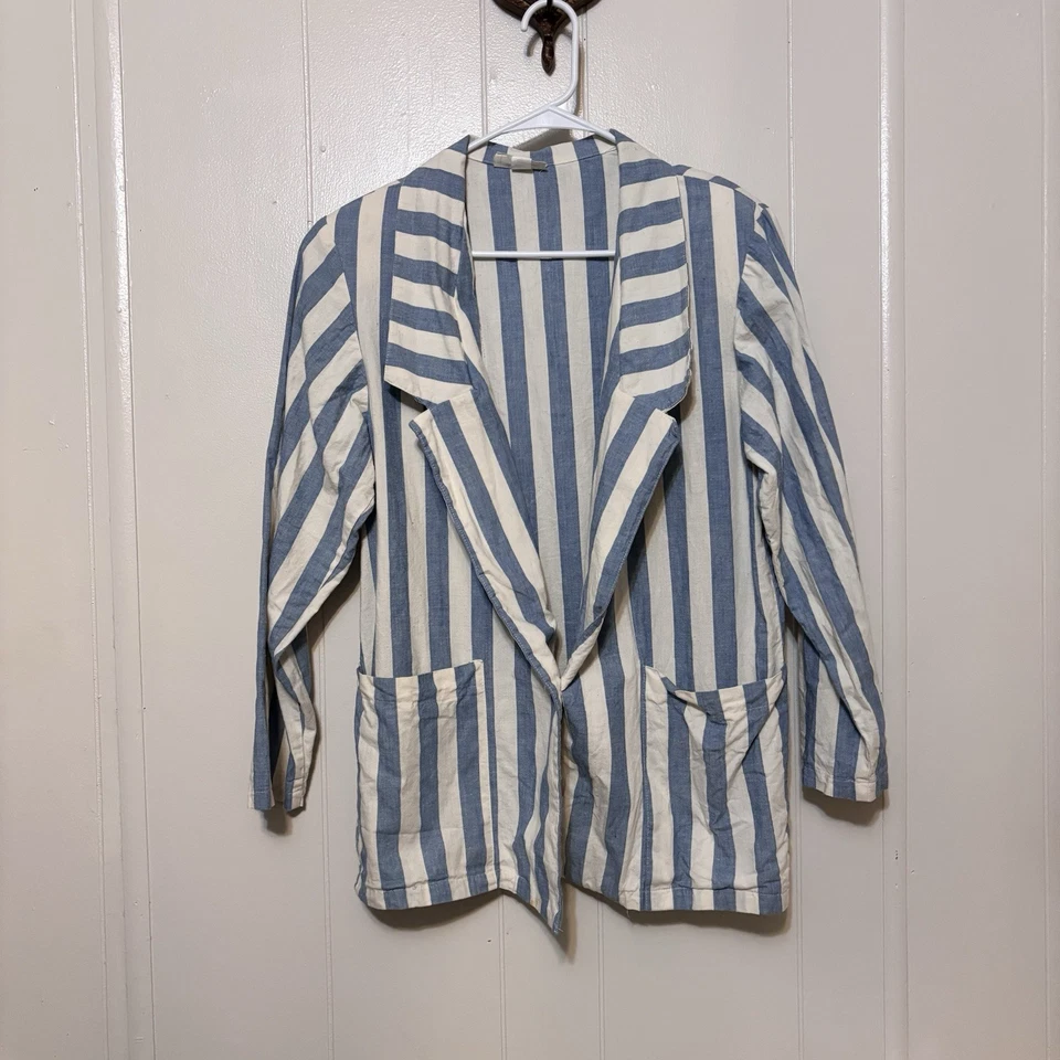 Blazer Vintage Rayón Azul Rayas Blanco Para Mujer Mediano Años 80 De Gran Tamaño Foto 1 de 4