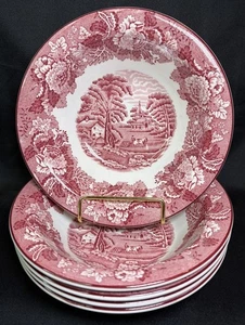 5-c1917 Woods & Sons Woods Ware englische Landschaft rosa Rand Suppe Müslischalen - Bild 1 von 22