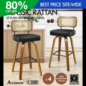 ALFORDSON 4x Bar Stools Kitchen Vintage Leather Seat Rattan Chair Wooden Black - Picture 1 of 11