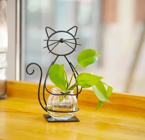 Desktop Glass Planter Vase with Metal Cat Stand - Picture 1 of 5
