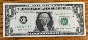 1963-B $1 JOSEPH BARR STAR NOTE S/N G52981473* CHICAGO CRISP UNCIRCULATED - Picture 1 of 2