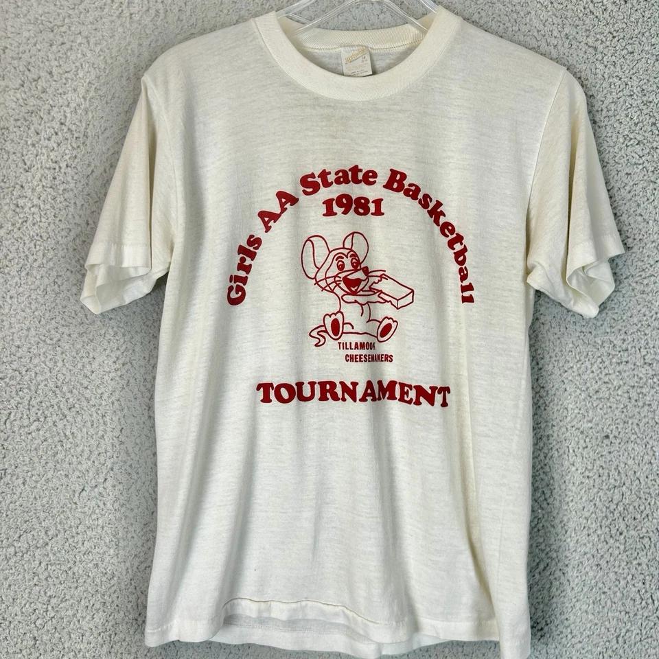 VTG 80s Paper Thin AA State Basketball Tournament Graphic T Shirt Tillamook Sz M - Image 1 of 4