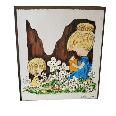 Arte de pared vintage tallada en madera pintura 1972 años 70 hecha a mano dormitorio infantil hippy Foto 1 de 4