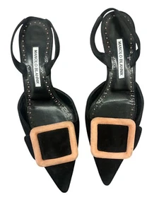 Manolo Blahnik Maysli Buckle Slingback in Suede Kitten Heel Black Size 37 - Picture 1 of 7