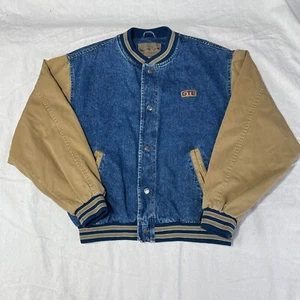Giacca vintage denim Varsity uomo grande L blu bomber anni 80 bicolore snap sport - Foto 1 di 12