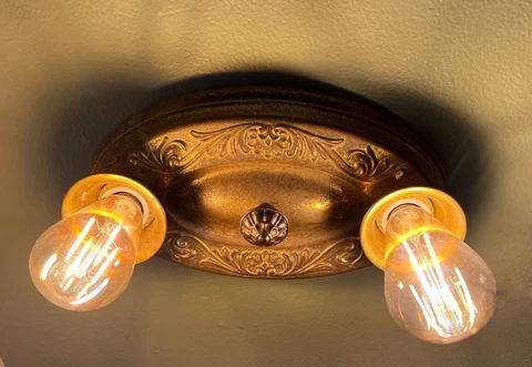 Vintage Stamped Steel 2-Bulb Ceiling Light Fixture, Original Patina Brass Finish Cover
