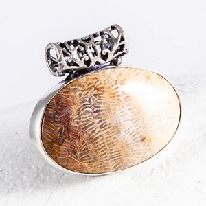 Anhänger, Amulett, Silber, versteinerte Koralle, Fossil, schöne Zeichnung, 33mm - Bild 1 von 4