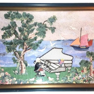 Fabric Textile Collage By Dita G Rowen Framed Art Man Playing Piano Sailboat - Bild 1 von 13