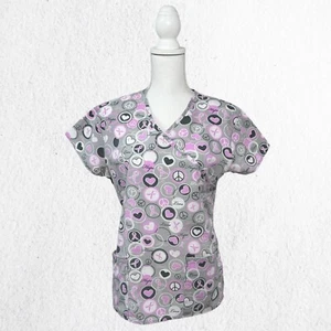 BREAST CANCER AWARENESS Scrub Top XS 365 Work & Wear Grey Pink Ribbon Fall Scrub - Picture 1 of 13