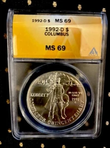1992-D ONE DOLLAR SILVER CHRISTOPHER COLUMBUS MS 69 ANACS GRADED - Picture 1 of 2