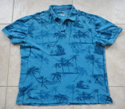 PARADISE COLLECTION Blue Palm Trees Graphic Hawaiian Polo Shirt Men's Large L - Image 1 of 4