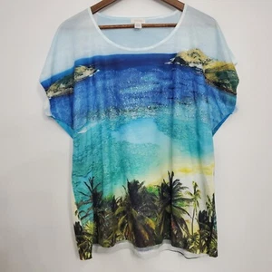 Chicos Womens Tropical Beach Scene Lace Trim Top Size 2 Rhinestone Short Sleeve - Picture 1 of 8