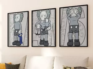 Set of 3 Gray And Blue Kaws Art pieces canvas wall home decor Portrait Gallery - Picture 1 of 6