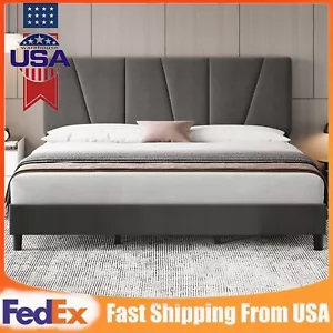 Twin Full Queen King Size Bed Frame with Linen Upholstered Headboard Platform - Picture 1 of 49
