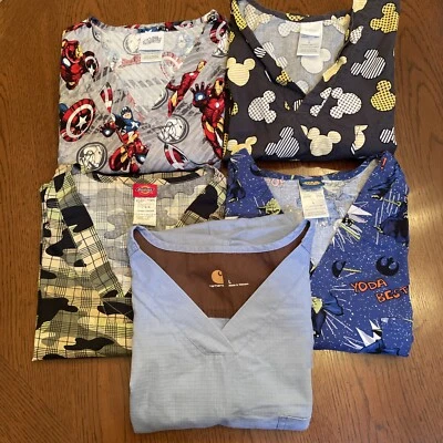 Five Scrub Tops - Size L - Preowned - Image 1 of 4