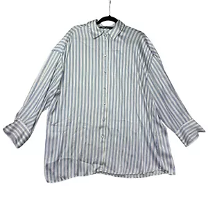 ZARA Shirt Women's Large Blue White Stripped Long Sleeve Collar Satin Button Up - Picture 1 of 9