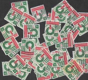 Postage Stamps For Crafting: 1962 4c Christmas Wreath; Red/Green; 50 Pieces