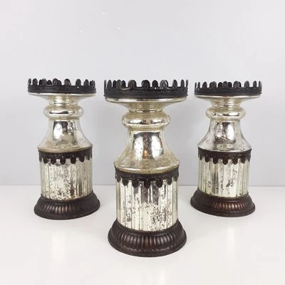 POTTERY BARN Candle Holders Set of 3 Mercury Glass Metal Filigree Castle - Image 1 of 4