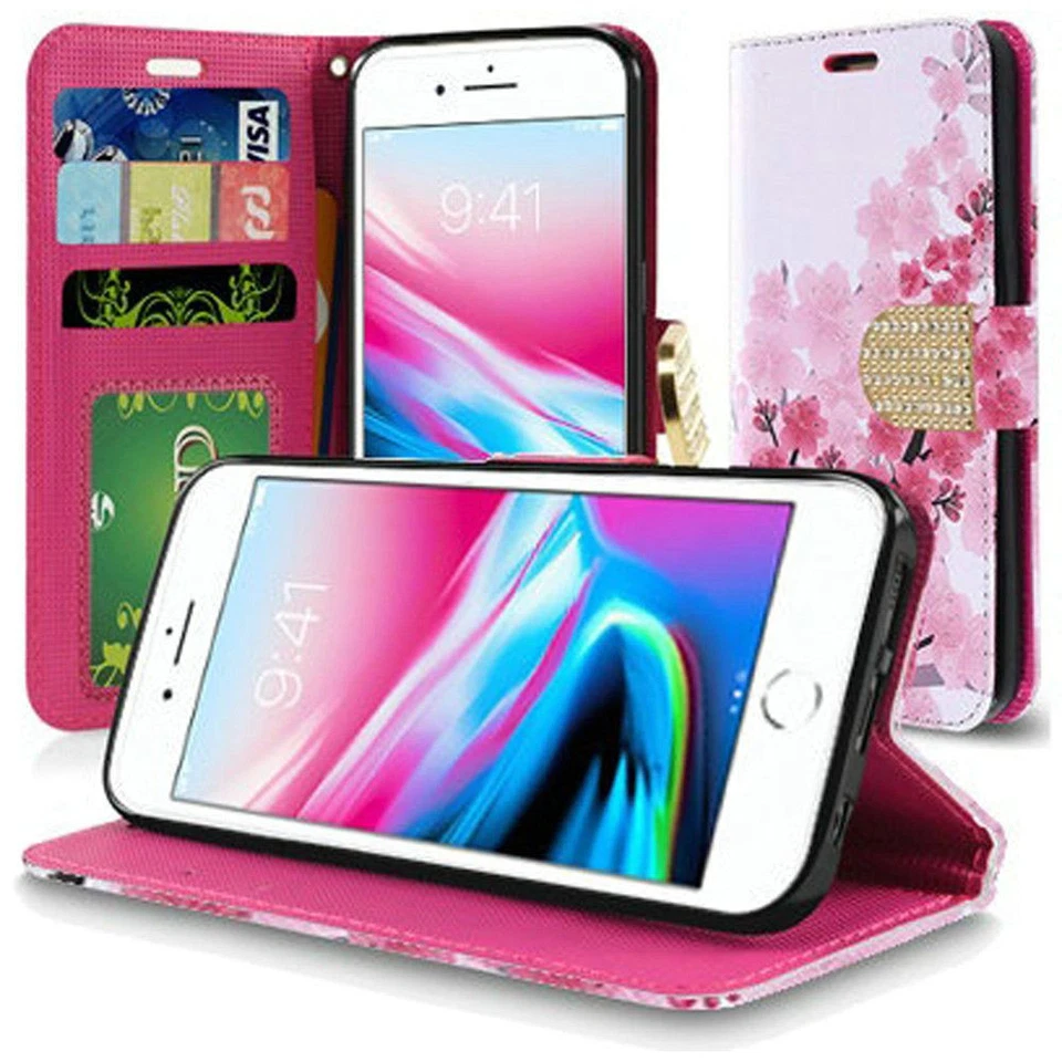 Funda tipo billetera GSA abatible flor de cerezo para iPhone 8 Plus/7 Plus - rosa/blanco Foto 1 de 1