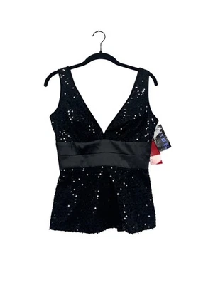 Donna Ricco 系列亮片晚装上衣黑色 V 领无袖 2 码 #343A — 第 1/4 张图片