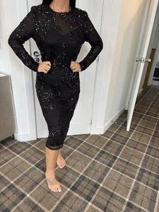 LIPSY DRESS SIZE 12 MESH SEQUIN BLACK BODYCON MIDI BRAND NEW WITH TAGS - Picture 1 of 5