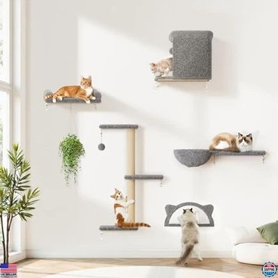 Juego de estantes de pared para gatos 5 en 1 - Muebles de escalada modernos con postes rascadores Foto 1 de 4