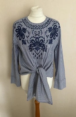 Zara Navy Blue White Stripe Embroidered Cut-Out Tie Front Top Size M UK 10 VGC - Image 1 of 4