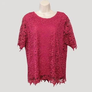 Philosophy Lace Overlay Top XL Cactus Flower Dark Pink Floral Short Sleeve Lined - Picture 1 of 8