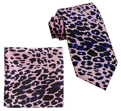 New Polyester Leopard Animal Print Formal Party Occasion Necktie & Hankie Pink - Image 1 of 3