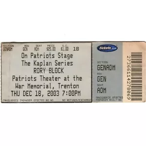 RORY BLOCK Concert Ticket Stub TRENTON NJ 12/18/03 PATRIOTS THEATER WAR MEMORIAL - Picture 1 of 1