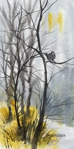 "Acuarela original de 4""x8"" de Pamela Wilhelm Big Crow en esbeltos árboles paisaje" - Imagen 1 de 2