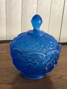 FENTON SATIN OPALESCENT BLUE SAPPHIRE LILY OF THE VALLEY COVERED DISH - Picture 1 of 6