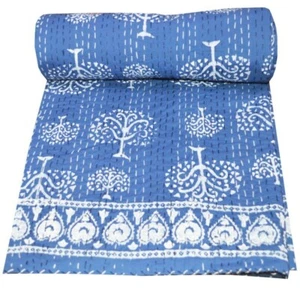 Indian Hand Block Blue Print Kantha Quilt Bedspread Bedding Blanket Throw Cotton - Picture 1 of 7