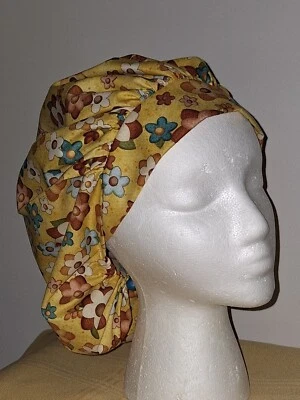 Yellow w/Teal & Brown Flowers Medical Scrub Surgical Hat - Image 1 of 2