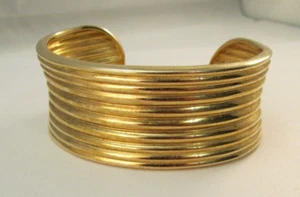Yellow Gold Over 925 Sterling Silver Grooved Ribbed Wide Cuff Bracelet 30 Grams - Picture 1 of 7