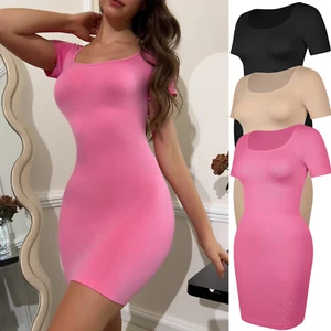 Mini vestido ajustado ceñido al cuerpo manga corta cuello cuadrado elástico modelador corporal para mujer - Imagen 1 de 15