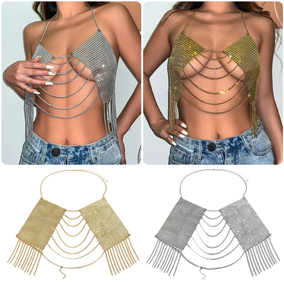 Beach Dress Body Chain Sexy Rhinestone Tassel Love Heart Chest Chain For Hot Gir - Image 1 of 4