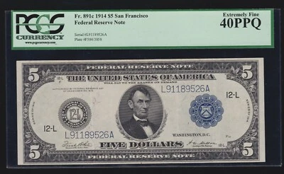 US 1914 $5 FRN San Francisco Note FR 891c PCGS 40 PPQ XF (-526) SCARCE 34 Total - Image 1 of 2