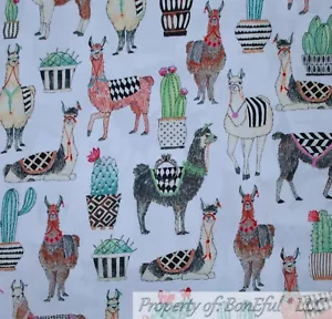 BonEful FABRIC FQ Cotton Quilt White Green Desert Cactus Llama Small Baby Garden - Picture 1 of 15