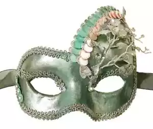 Water Mist Mermaid Silver & Green Masquerade Mask w/ Shell Beads Venetian Masque - Picture 1 of 3