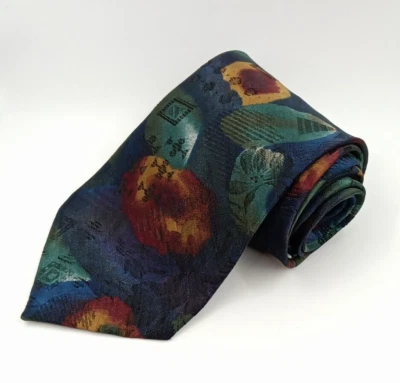 Wembley Mens Floral Abstract Tie Navy Blue Green Orange Necktie - Image 1 of 4