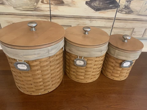 Longaberger Brown Basket Canister Set 16 Pieces EUC Cover
