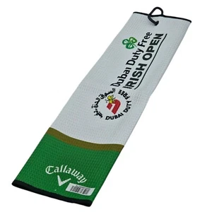 Asciugamano Sacca Golf Ufficiale Dubai Duty Free Irish Open Tri-Fold Golf Bianco e Verde - Foto 1 di 4