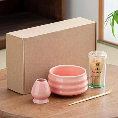 Rosa Matcha Tee Set 4-Teile Keramik Schüssel Bambus Besen Löffel Zubereitungsset - Bild 1 von 4